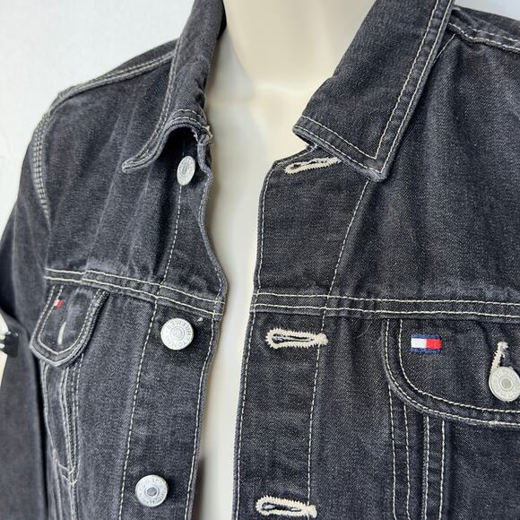 Y2K Tommy Hilfiger Dark Wash Denim Jacket Women’s Small Contrast Stitching - Picture 7 of 16